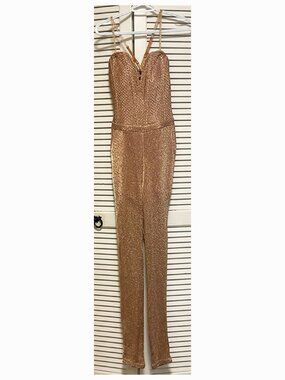 Sexy Gold Lame Strappy Fitted Jumpsuit Bustier Top Size M *Repairs